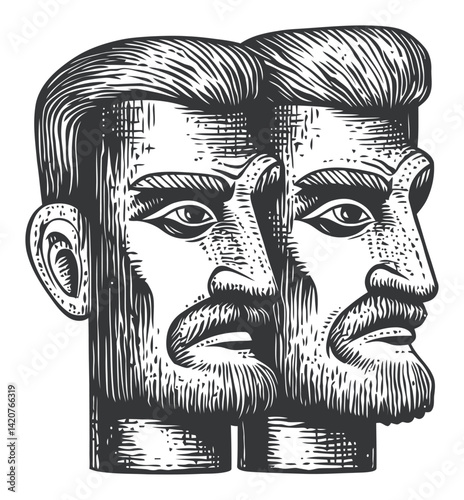 Hand-Drawn Engraving of Two Male Faces in Profile View