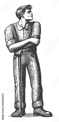 Hand-Drawn Engraving of a Thoughtful Person with Cane in Contrast Style