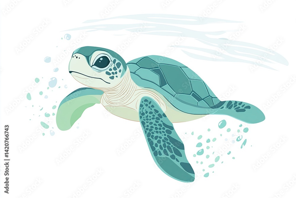 Obraz premium Flat illustration of a baby turtle swimming in clear water, minimalistic design, white background, light blue and green tones, high quality, stock illustration
