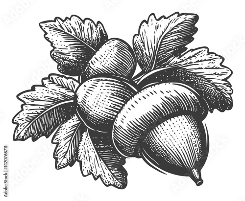 Detailed Hand-Drawn Engraving of Acorns and Leaves Illustration