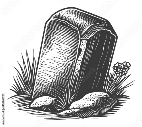 Hand-Drawn Engraving of a Tombstone Surrounded by Grass and Rocks