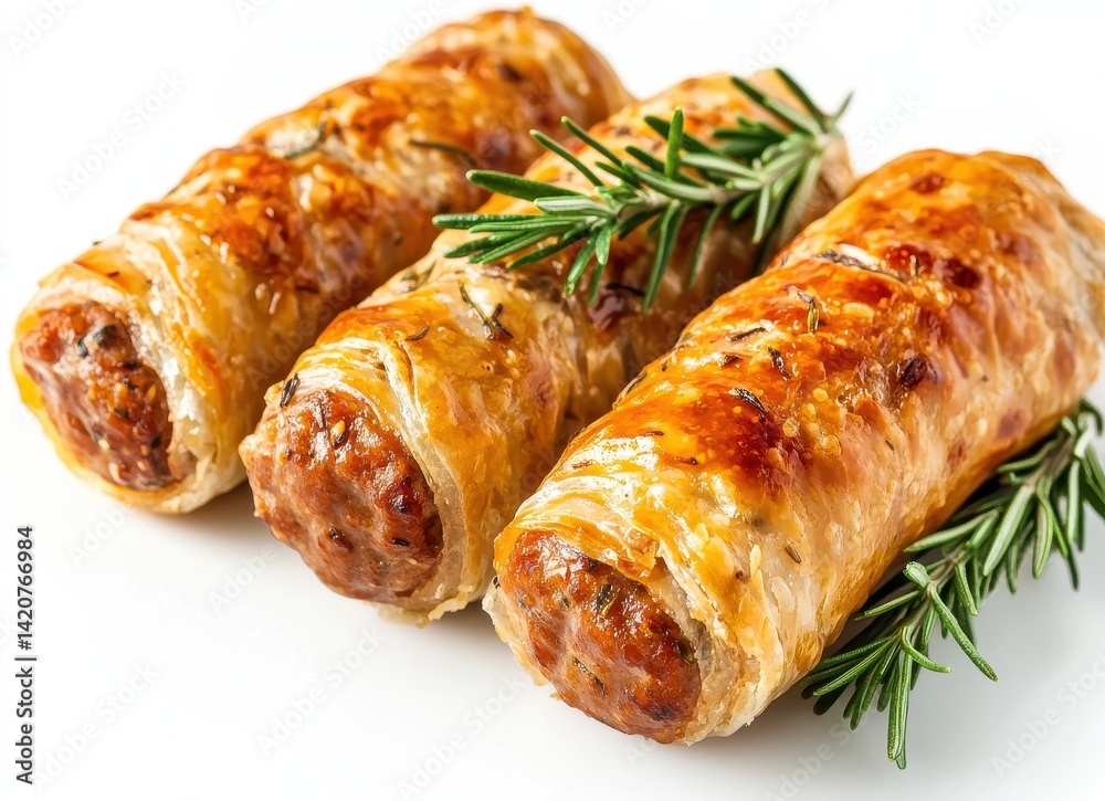Savory meat rolls wrapped in golden puff pastry garnished with fresh rosemary on a white background perfect for appetizing food displays and culinary showcases. Savory meat rolls wrapped in golden puff pastry garnished with fresh rosemary on a white background perfect for appetizing food displays and culinary showcases.