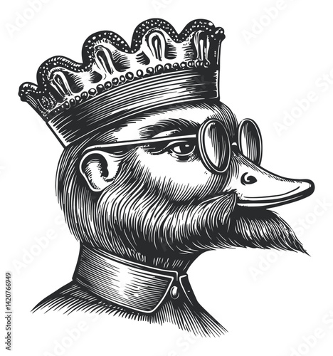 Detailed Hand-Drawn Engraving of a King Duck with Glasses and Crown