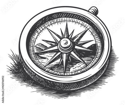 Vintage Hand-Drawn Engraving of a Compass with Intricate Details