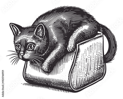 Hand Drawn Engraving of a Cat Relaxing on a Cozy Pillow