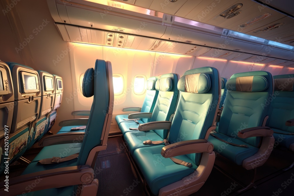 Obraz premium Empty airplane cabin basking in warm sunset glow, inviting travelers to dream of distant adventures and new horizons