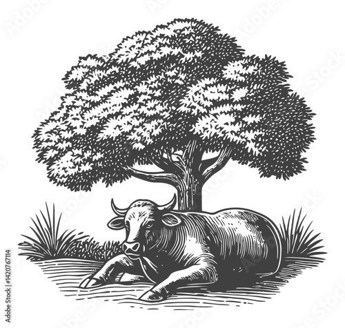Hand Drawn Engraving of a Relaxed Bull Under a Tree Illustration