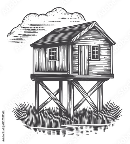 Detailed Hand Drawn Engraving of a Wooden House on Stilts