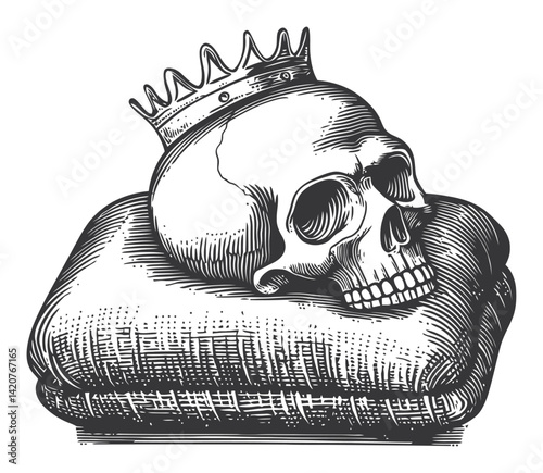 Hand-Drawn Illustration of a Skull with a Crown on a Pillow