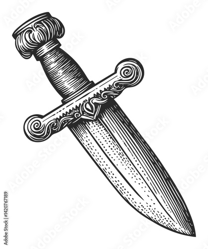 Vintage Style Engraving of a Decorative Hand-Drawn Dagger
