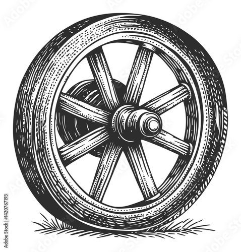 Detailed Hand-Drawn Engraving of a Classic Wooden Wheel Design
