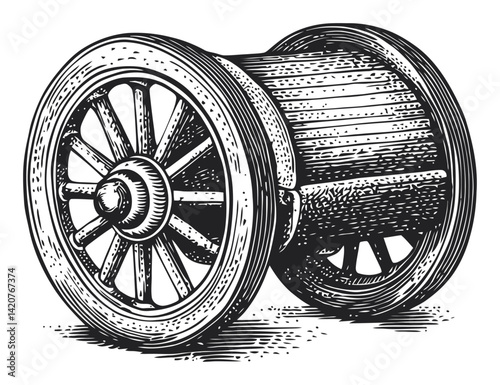 Vintage Hand-Drawn Illustration of a Classic Wooden Wheelcart
