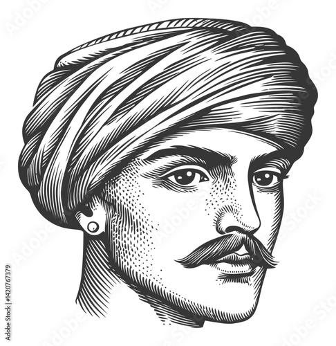 Intricate Hand-Drawn Engraving of a Man in Traditional Turban Style