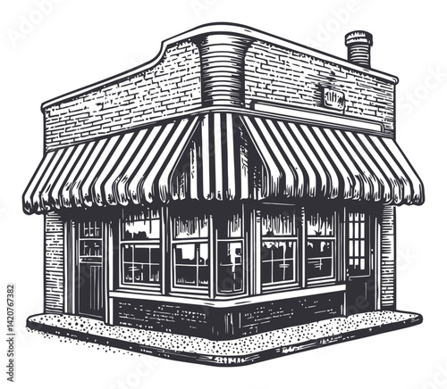 Hand-Drawn Engraving of Vintage Shop with Striped Awning