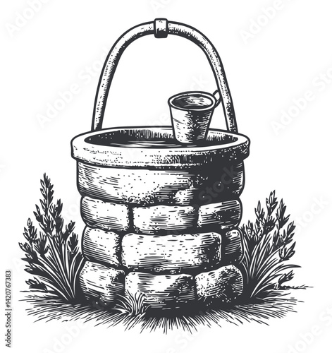 Vintage Hand-Drawn Engraving of a Stone Well with Bucket