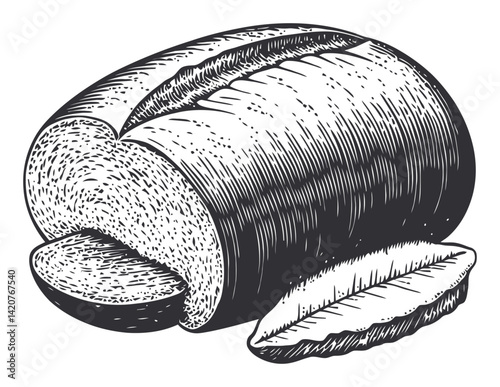 Hand-Drawn Engraving of Sliced Bread Loaf and Leaf Illustration