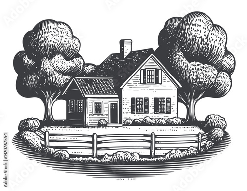 Hand Drawn Engraving of a House Surrounded by Trees and Fence