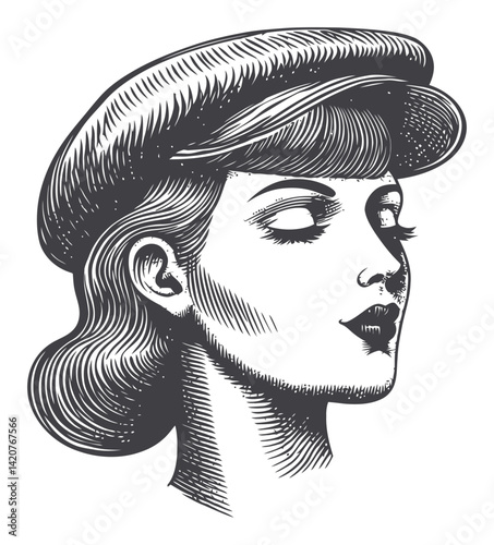 Vintage Hand-Drawn Engraving of a Stylish Woman Portrait