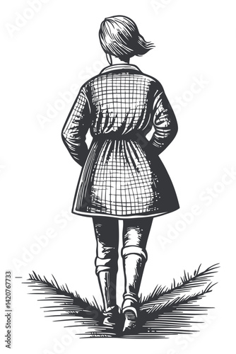 Hand Drawn Illustration of a Girl Walking Away in an Engraving Style