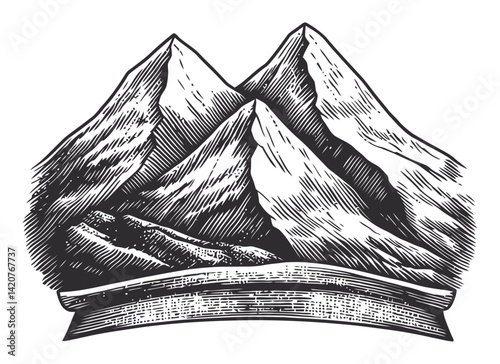 Hand-Drawn Engraving of Majestic Mountains with Decorative Banner