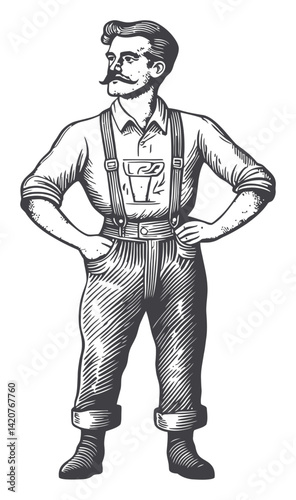 Vintage Engraving of Confident Man in Suspenders and Mustache