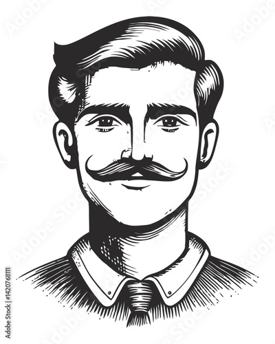 Detailed Hand Drawn Illustration of a Stylish Mustached Man