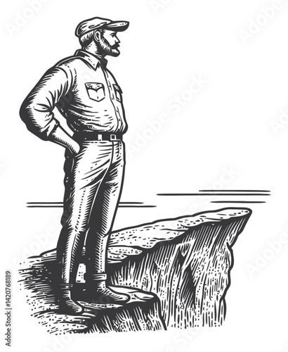 Detailed Hand-Drawn Engraving of a Man Standing on a Cliff Edge