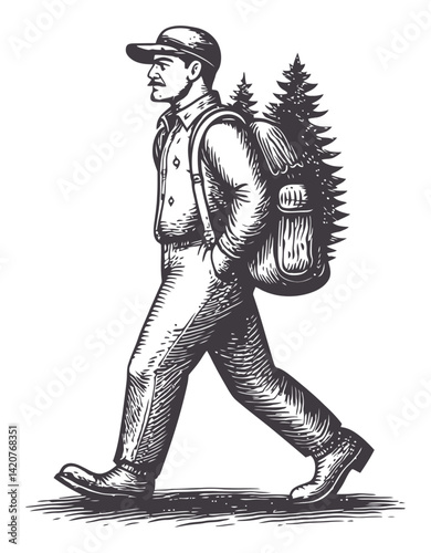 Hand-Drawn Engraving of Man Walking with Trees on Backpack