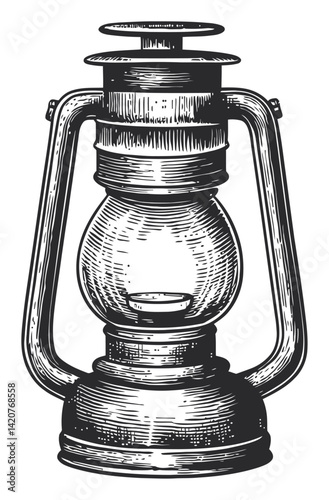 Vintage Hand Drawn Engraving of an Antique Oil Lantern