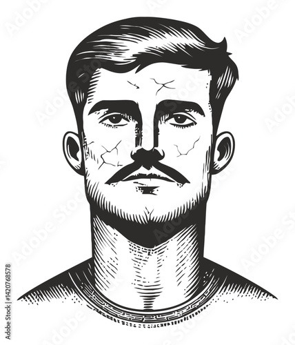 Hand-Drawn Engraving of a Masculine Man with Detailed Features