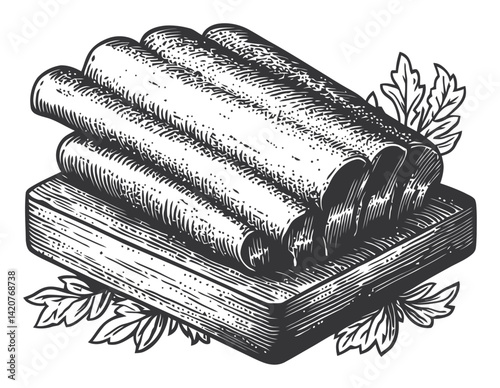 Vintage Hand-Drawn Engraving of Rolled Herbs and Wooden Board