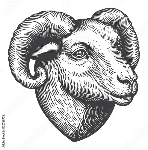 Detailed Hand-Drawn Engraving of a Majestic Ram Head Illustration