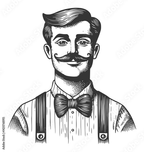 Vintage illustration of a dapper gentleman with a mustache and bowtie