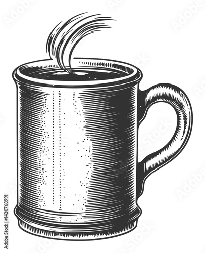 Hand-Drawn Engraving of a Steaming Mug Filled with Beverage