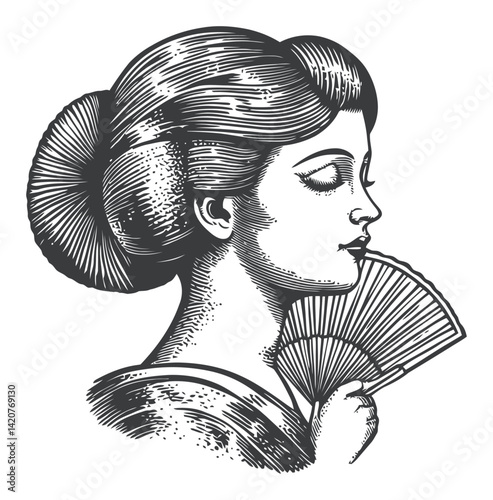 Vintage Hand Drawn Engraving of Elegant Woman with Fan
