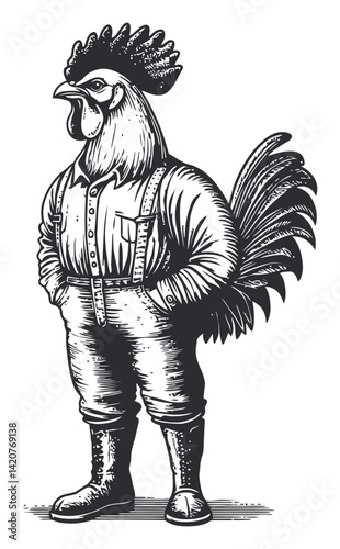 Vintage Engraving of a Rooster in Farmer's Clothing, Hand Drawn Style