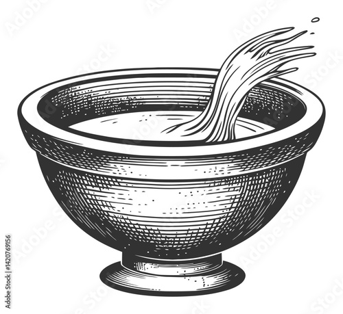 Hand-Drawn Engraving of a Bowl with Liquid Splashing Outward