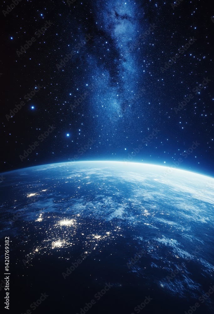 Stunning View of Earth from Space at Night Surrounded by Stars and Galaxies with Aurora Glow Capturing the Beauty of Our Planet and Universe Stunning View of Earth from Space at Night Surrounded by Stars and Galaxies with Aurora Glow Capturing the Beauty of Our Planet and Universe
