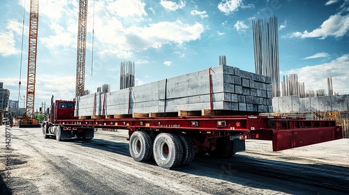 Truck transports precast concrete blocks to a construction site for building
