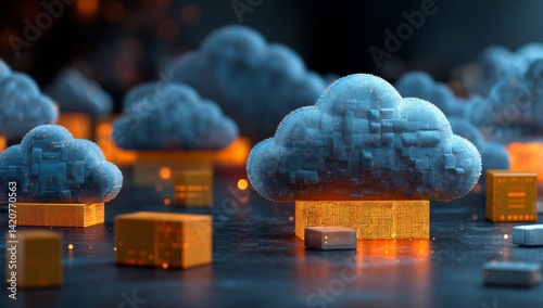 Exploring Digital Cloud Computing:  Data Storage and Server Networks Illustrated with Abstract 3D Models, Highlighting Network Infrastructure and Digital Transformation.