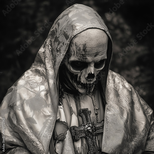 Spooky Zombie Priest In Hooded Robe With Cross Necklace