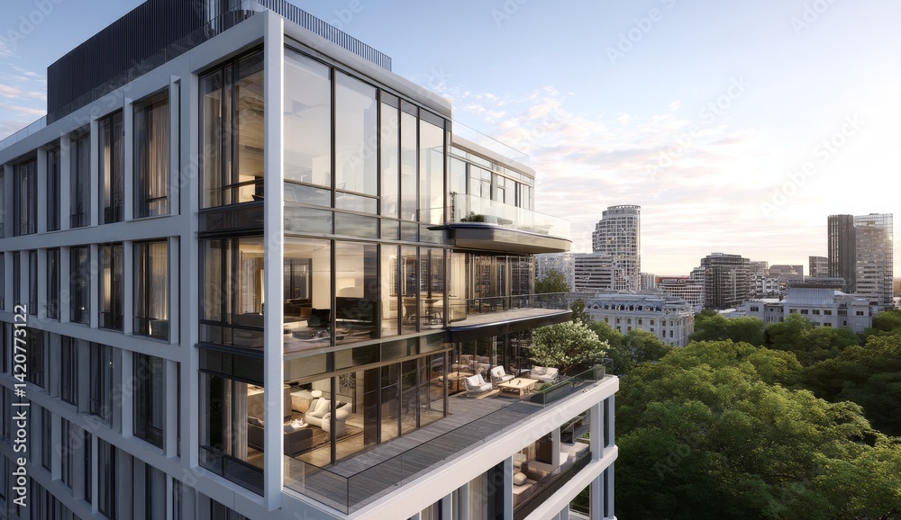 Luxury Apartments Showcase: Modern City Views with Spacious Balconies and Stunning Interior Design at Dusk. Luxury Apartments Showcase: Modern City Views with Spacious Balconies and Stunning Interior Design at Dusk.