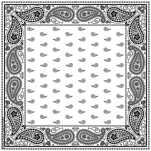 Bandana paisley square ethnic floral hand drawn pattern.Ornament classic vintage vector elements black on white background.Design for scarf,headscarf,kerchief,hijab,tablecloth,print fabric,decoration.