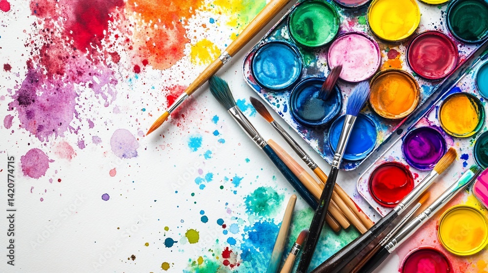 Naklejka premium Artistic expression with colorful paints and brushes on a clean canvas