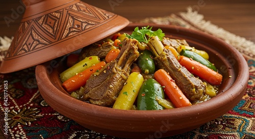 Moroccan lamb tagine with colorful vegetables in a traditional pot