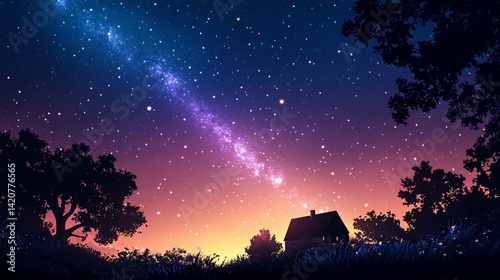 Serene night scene with a house silhouetted against a vibrant, starlit sky.