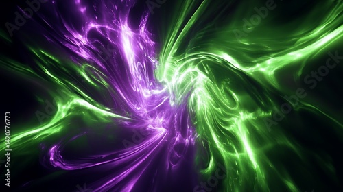 Green and purple abstract energy, glowing streams of futuristic plasma