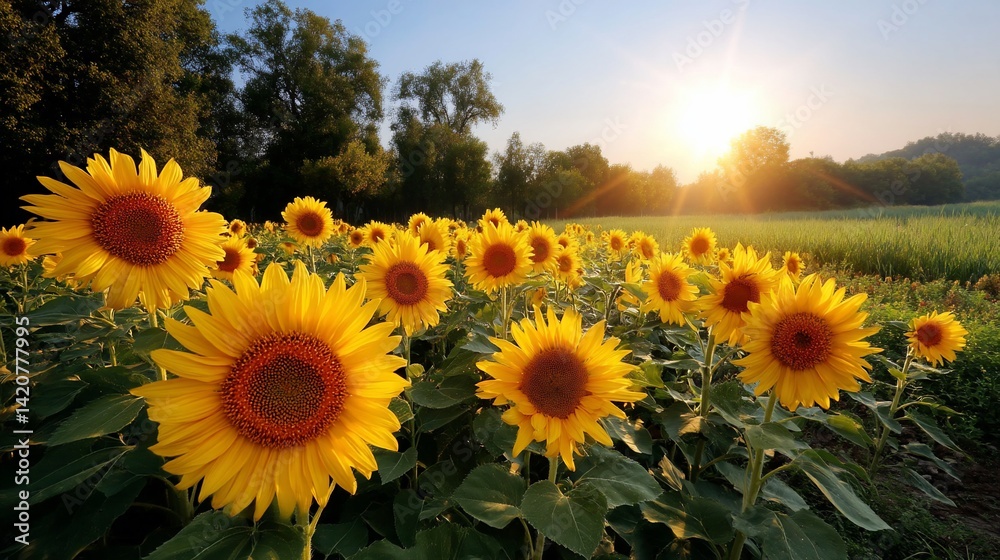 Obraz premium Sunflowers in a field at sunrise
