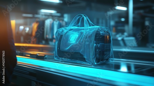 Futuristic Airport Security Checkpoint with Transparent Bag Scanning Technology in High-Fidelity Imagery