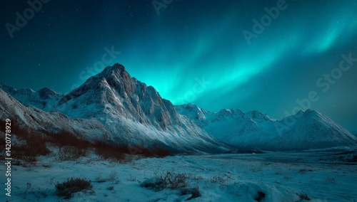 Majestic Mountains Glisten Under Aurora Borealis, Night Sky Showcases Winter Wonderland's Beauty.